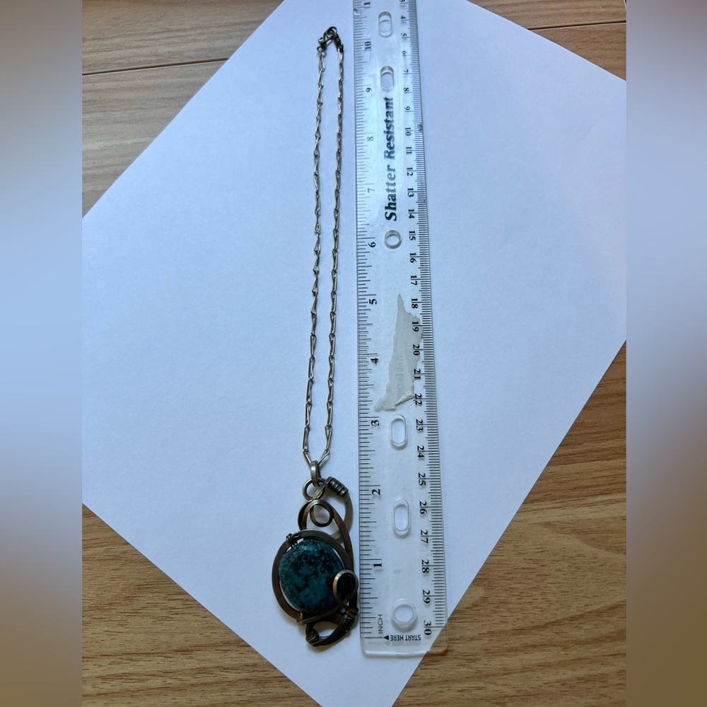 Artistic Wire Wrapped Stone Pendant Necklace - Silver & Turquoise Colored - Picture 6 of 12